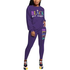 imagePINSV Womens 2 Piece Outfits Long Sleeve Sweatsuits Outfits Jogging Suits Sweat Loungewear SetsLetter Printing Purple