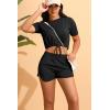 imagePINSV Summer Womens 2 Piece Outfits Tracksuit Short Sleeve Biker Shorts Set Lounge Relax Jogging short Pants SetsBlack