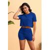 imagePINSV Summer Womens 2 Piece Outfits Tracksuit Short Sleeve Biker Shorts Set Lounge Relax Jogging short Pants SetsBlue