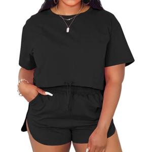 imagePINSV Summer Womens 2 Piece Outfits Tracksuit Short Sleeve Biker Shorts Set Lounge Relax Jogging short Pants SetsBlack