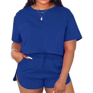 imagePINSV Summer Womens 2 Piece Outfits Tracksuit Short Sleeve Biker Shorts Set Lounge Relax Jogging short Pants SetsBlue