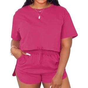 imagePINSV Summer Womens 2 Piece Outfits Tracksuit Short Sleeve Biker Shorts Set Lounge Relax Jogging short Pants SetsRose Red