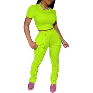 imagePINSV Womens 2 Piece Outfits Bodycon Lounge Wear Crop Top Stacked Pants Going Out Jogging Tracksuit SetsAfluor Green