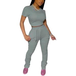 imagePINSV Womens 2 Piece Outfits Bodycon Lounge Wear Crop Top Stacked Pants Going Out Jogging Tracksuit SetsAgrey