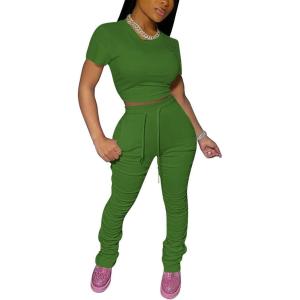 imagePINSV Womens 2 Piece Outfits Bodycon Lounge Wear Crop Top Stacked Pants Going Out Jogging Tracksuit SetsAolive Green