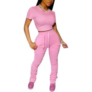 imagePINSV Womens 2 Piece Outfits Bodycon Lounge Wear Crop Top Stacked Pants Going Out Jogging Tracksuit SetsApink