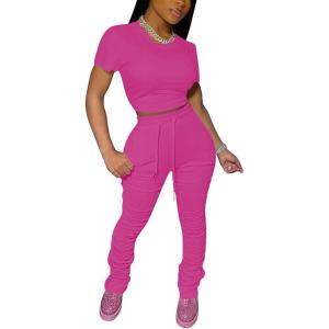 imagePINSV Womens 2 Piece Outfits Bodycon Lounge Wear Crop Top Stacked Pants Going Out Jogging Tracksuit SetsArose Red