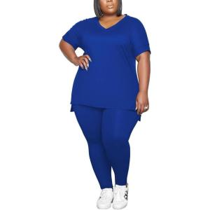 imagePINSV Womens Plus Size 2 Piece Outfits Sweatsuits Tracksuit Loungewear SetsAblue