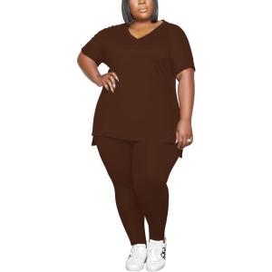 imagePINSV Womens Plus Size 2 Piece Outfits Sweatsuits Tracksuit Loungewear SetsAcoffee
