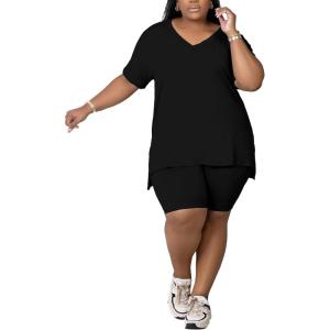 imagePINSV Womens Plus Size 2 Piece Outfits Sweatsuits Tracksuit Loungewear SetsBlack