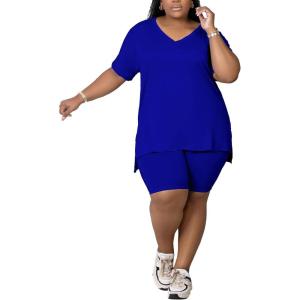 imagePINSV Womens Plus Size 2 Piece Outfits Sweatsuits Tracksuit Loungewear SetsBlue