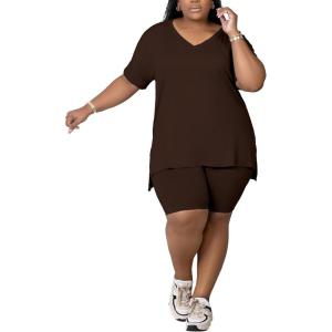 imagePINSV Womens Plus Size 2 Piece Outfits Sweatsuits Tracksuit Loungewear SetsBrown