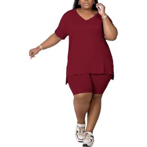 imagePINSV Womens Plus Size 2 Piece Outfits Sweatsuits Tracksuit Loungewear SetsBurgundy