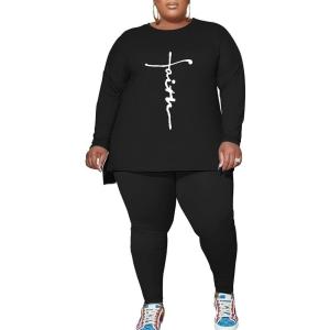 imagePINSV Womens Plus Size 2 Piece Outfits Sweatsuits Tracksuit Loungewear SetsFblack Print