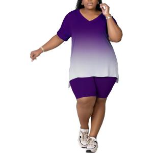 imagePINSV Womens Plus Size 2 Piece Outfits Sweatsuits Tracksuit Loungewear SetsPurple Gradient