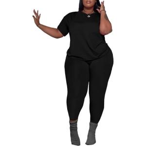 imagePINSV Womens Plus Size 2 Piece Outfits Tracksuits Short Sleeve Top Pants Sets SweatsuitsBlack