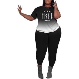 imagePINSV Womens Plus Size 2 Piece Outfits Tracksuits Short Sleeve Top Pants Sets SweatsuitsBlack Gradient