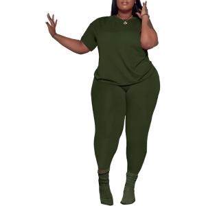 imagePINSV Womens Plus Size 2 Piece Outfits Tracksuits Short Sleeve Top Pants Sets SweatsuitsGreen