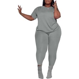 imagePINSV Womens Plus Size 2 Piece Outfits Tracksuits Short Sleeve Top Pants Sets SweatsuitsGrey