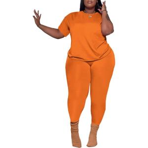 imagePINSV Womens Plus Size 2 Piece Outfits Tracksuits Short Sleeve Top Pants Sets SweatsuitsOrange