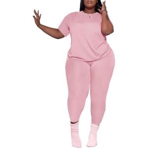 imagePINSV Womens Plus Size 2 Piece Outfits Tracksuits Short Sleeve Top Pants Sets SweatsuitsPink