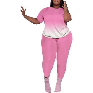 imagePINSV Womens Plus Size 2 Piece Outfits Tracksuits Short Sleeve Top Pants Sets SweatsuitsPink Gradient