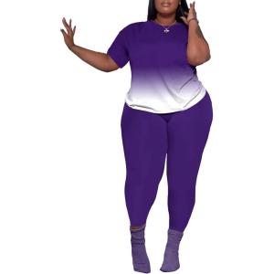 imagePINSV Womens Plus Size 2 Piece Outfits Tracksuits Short Sleeve Top Pants Sets SweatsuitsPurple Gradient