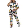 imagePINSV Women 2 Piece Outfits Short Sleeve Top and Flare Pants Lounge Sets TracksuitMulticolour