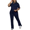 imagePINSV Women 2 Piece Outfits Short Sleeve Top and Flare Pants Lounge Sets TracksuitNavy Blue