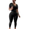 imagePINSV Women Two Piece Outfits Workout Sets Bodycon Tracksuit Short Sleeve Jogger SetBlack
