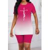 imagePINSV Womens 2 Piece Outfits Summer Printing Bodycon Short Pants Workout Sets24rose Red Gradient