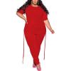 imagePINSV Womens Plus Size 2 Piece Outfits Sweatsuits Short Sleeve Jogger Sets TracksuitRed