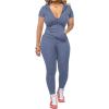 imagePINSV Women Two Piece Outfits Workout Sets Bodycon Tracksuit Short Sleeve Jogger SetGrayish Blue