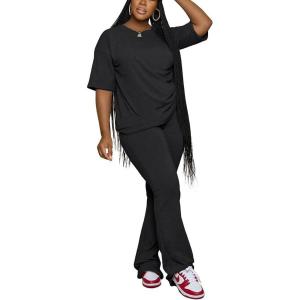 imagePINSV Women 2 Piece Outfits Short Sleeve Top and Flare Pants Lounge Sets TracksuitBlack