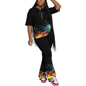 imagePINSV Women 2 Piece Outfits Short Sleeve Top and Flare Pants Lounge Sets TracksuitBlack B