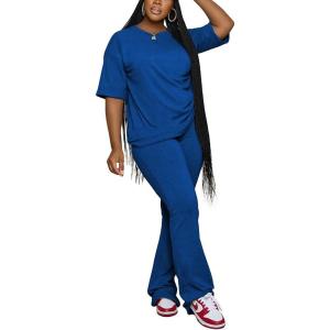 imagePINSV Women 2 Piece Outfits Short Sleeve Top and Flare Pants Lounge Sets TracksuitBlue