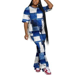 imagePINSV Women 2 Piece Outfits Short Sleeve Top and Flare Pants Lounge Sets TracksuitBlue B