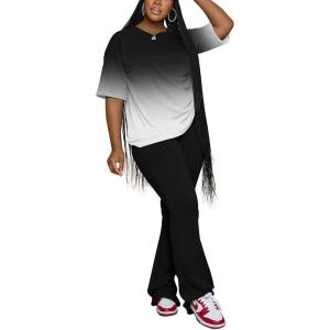 imagePINSV Women 2 Piece Outfits Short Sleeve Top and Flare Pants Lounge Sets TracksuitGradient Black