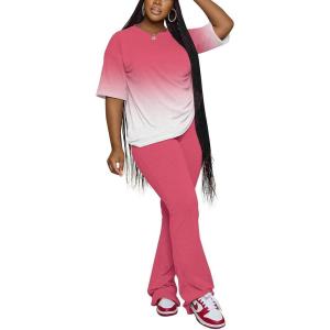 imagePINSV Women 2 Piece Outfits Short Sleeve Top and Flare Pants Lounge Sets TracksuitGradient Pink