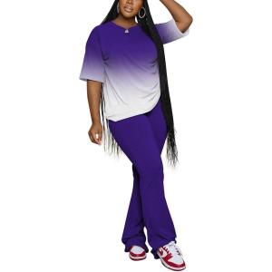 imagePINSV Women 2 Piece Outfits Short Sleeve Top and Flare Pants Lounge Sets TracksuitGradient Purple