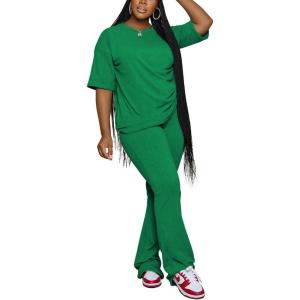 imagePINSV Women 2 Piece Outfits Short Sleeve Top and Flare Pants Lounge Sets TracksuitGreen