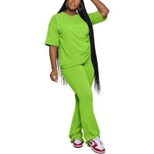 imagePINSV Women 2 Piece Outfits Short Sleeve Top and Flare Pants Lounge Sets TracksuitGreenyellow