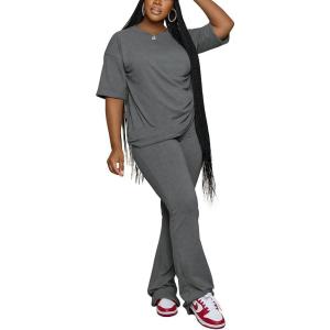 imagePINSV Women 2 Piece Outfits Short Sleeve Top and Flare Pants Lounge Sets TracksuitGrey
