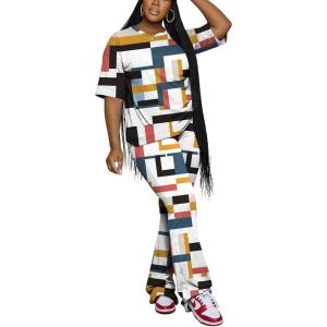 imagePINSV Women 2 Piece Outfits Short Sleeve Top and Flare Pants Lounge Sets TracksuitMulticolour
