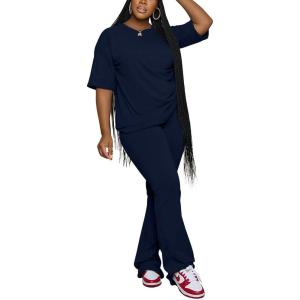 imagePINSV Women 2 Piece Outfits Short Sleeve Top and Flare Pants Lounge Sets TracksuitNavy Blue