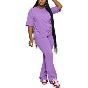 imagePINSV Women 2 Piece Outfits Short Sleeve Top and Flare Pants Lounge Sets TracksuitPurple
