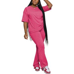 imagePINSV Women 2 Piece Outfits Short Sleeve Top and Flare Pants Lounge Sets TracksuitRose Red