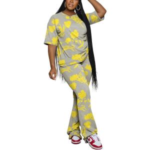 imagePINSV Women 2 Piece Outfits Short Sleeve Top and Flare Pants Lounge Sets TracksuitYellow B