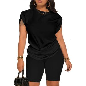 imagePINSV Women 2 Piece Outfits Summer Sweatsuits Biker Short Workout Jogger SetsBlack