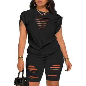imagePINSV Women 2 Piece Outfits Summer Sweatsuits Biker Short Workout Jogger SetsBlack Cut Out